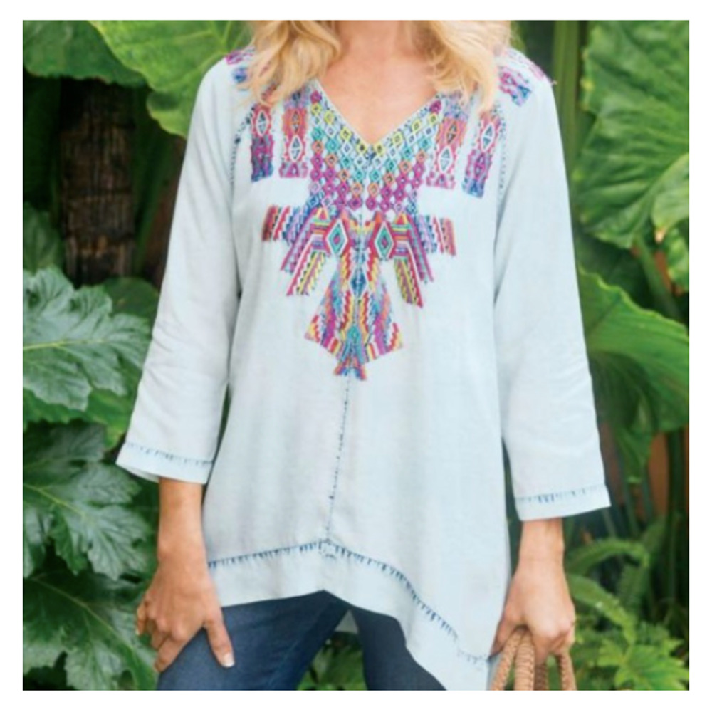 Soft Surroundings Embroidered Mixteca Tunic Top Chambray‎ Bohemian Size Small S